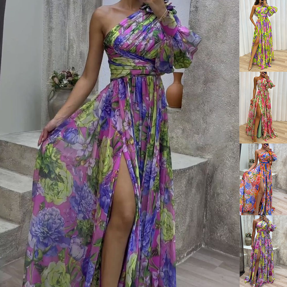 Vestido maxi floral asimétrico con un solo hombro y abertura