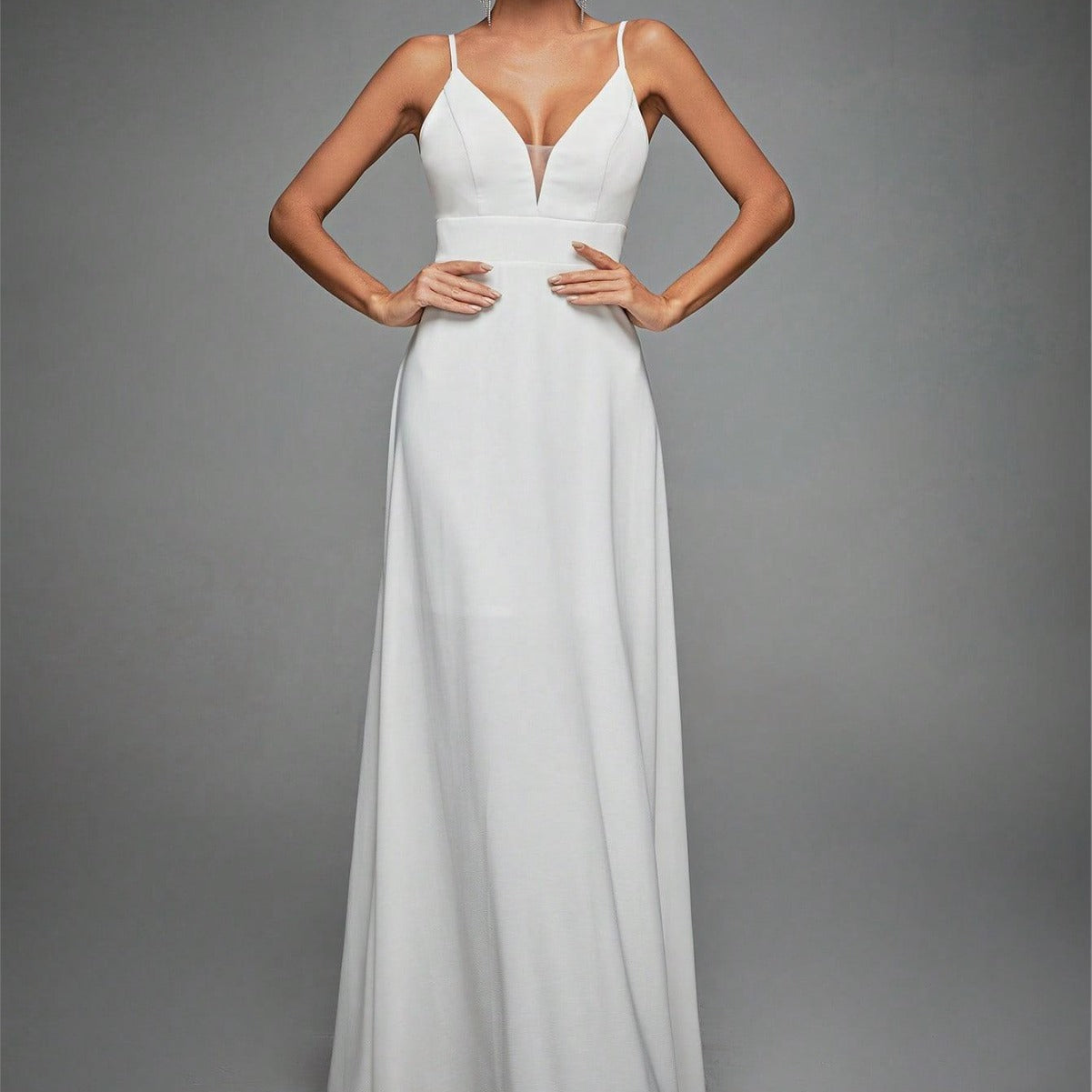 Long Evening Dress with Straps, V-Neck and Lace