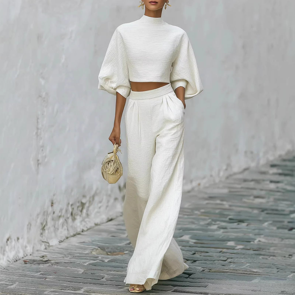 White Two-Piece Set: Crop Top and High-Waisted Pants
