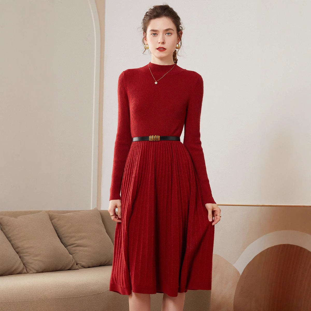 Vestido Sólido de Largo Medio, Elegante y Cómodo