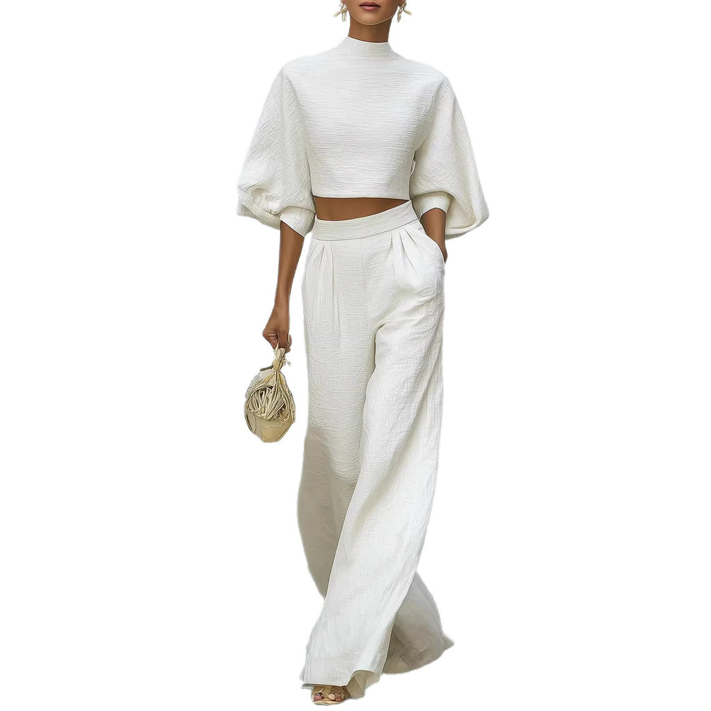 White Two-Piece Set: Crop Top and High-Waisted Pants