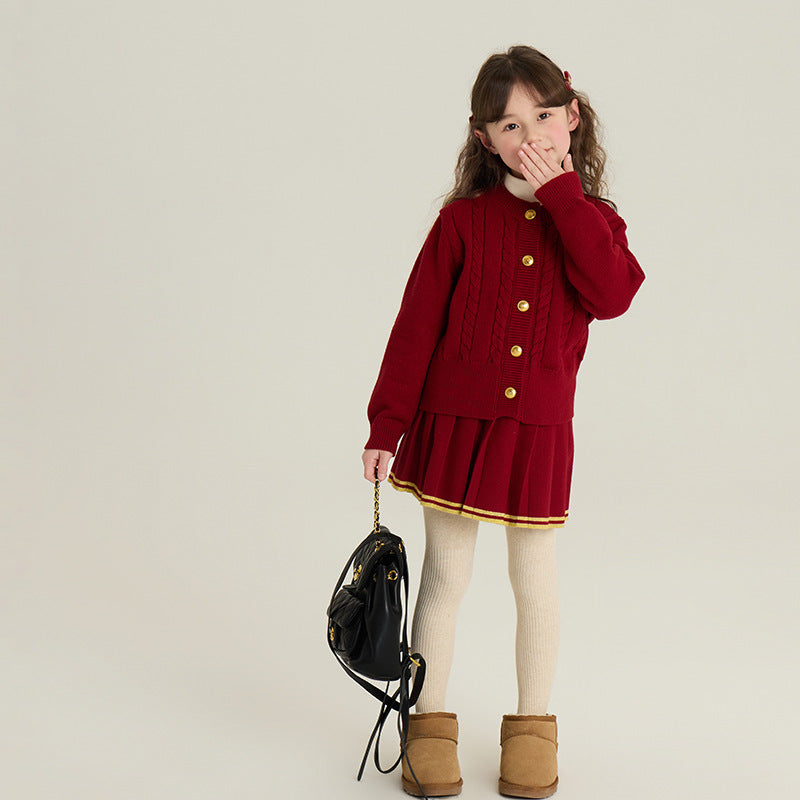 Girls’ Knit Cardigan & Pleated Skirt Set