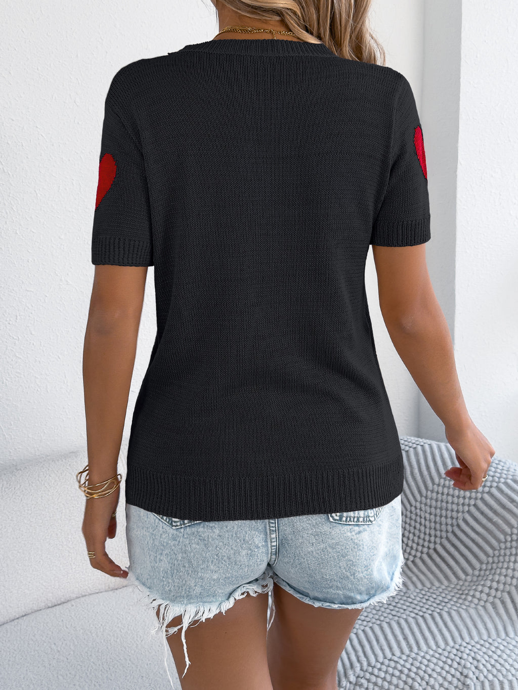 Long Open-Knit Cardigan with Leaf Pattern and Short Sleeves