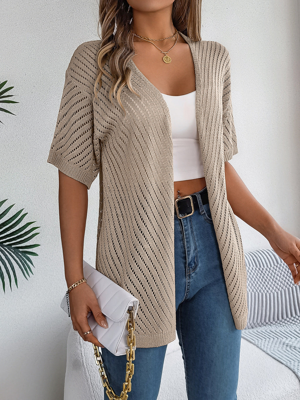 Long Open-Knit Cardigan with Vertical Stripes and Short Sleeves