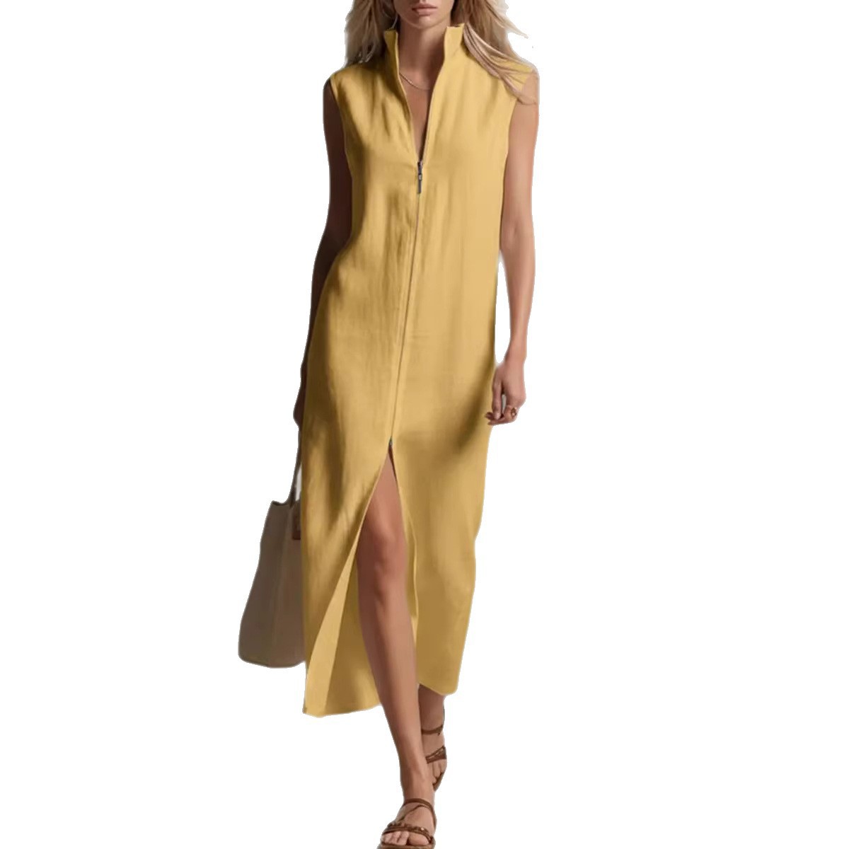 Vestido largo sin mangas con cuello alto de cremallera y abertura