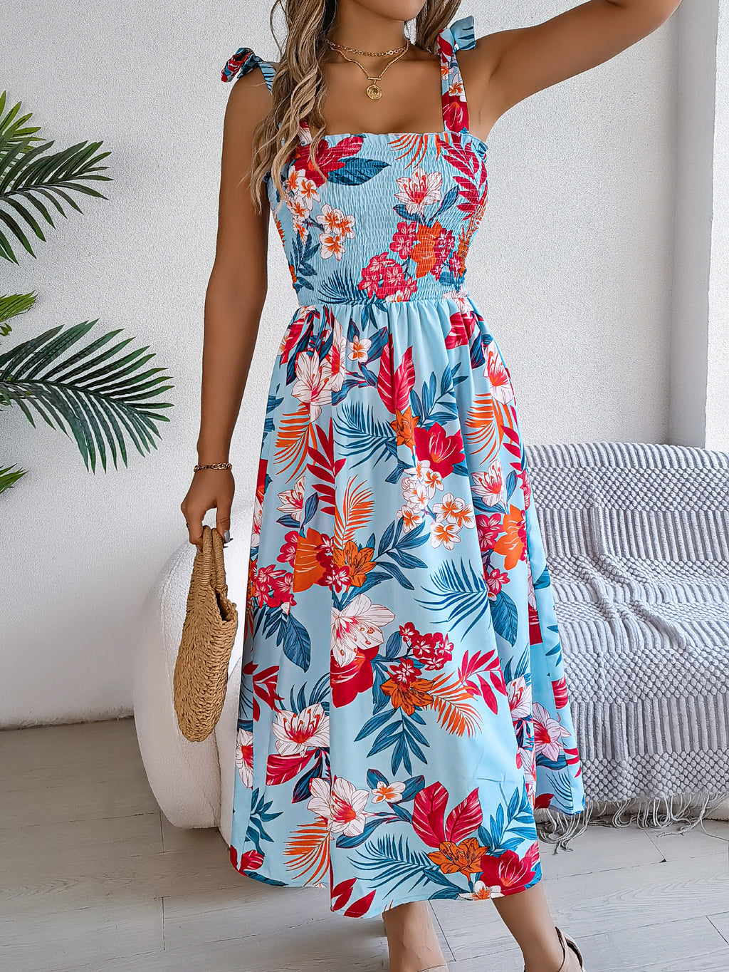 Floral Long Dress with Straps and Defined Waist