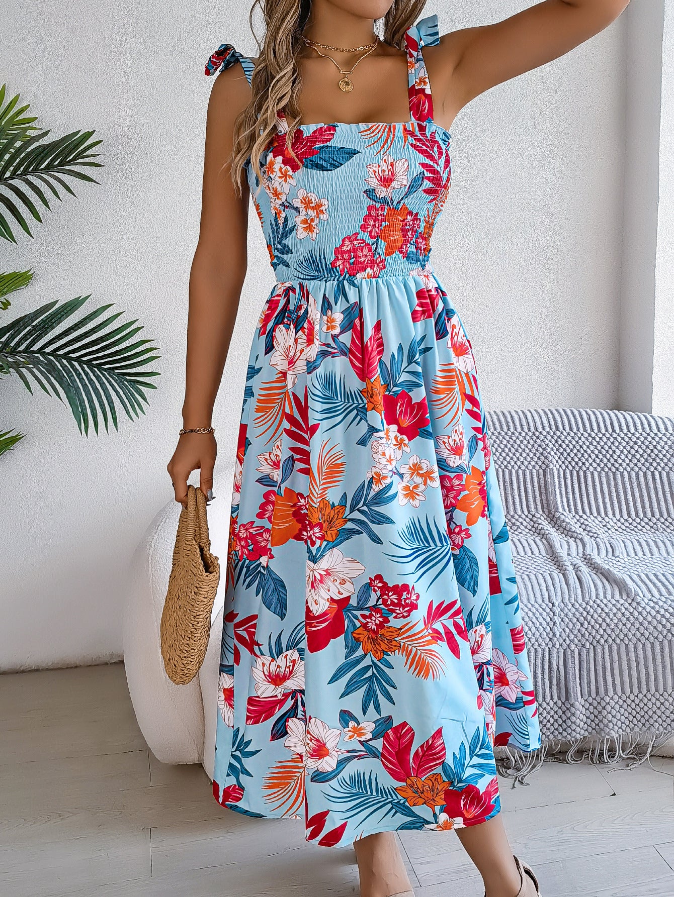 Floral Long Dress with Straps and Defined Waist