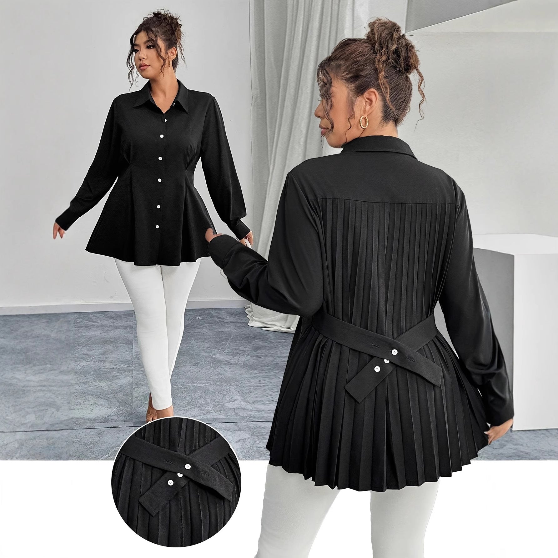 Elegant Waist-Pleated Solid-Color Shirt for Women