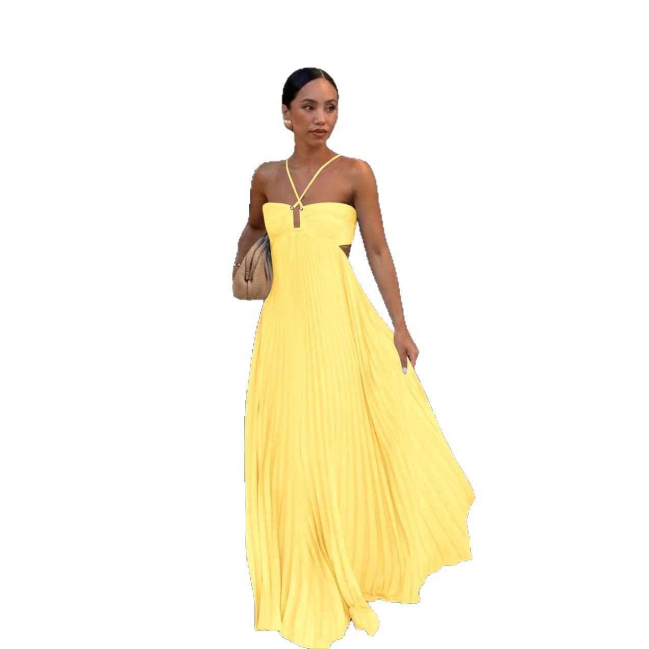 Vestido largo plisado de cuello halter y talle alto