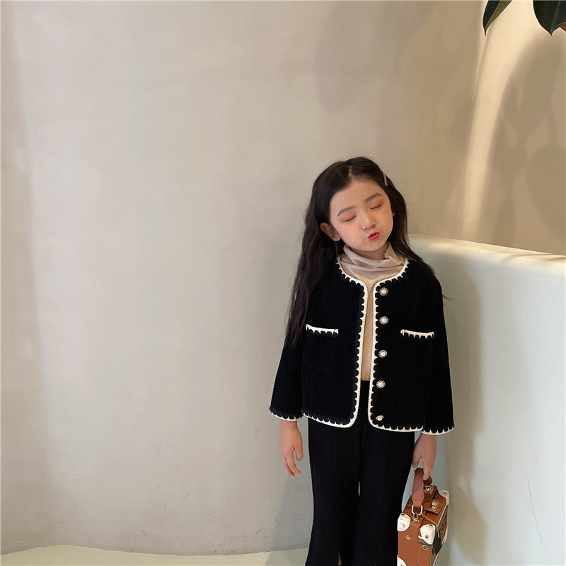 Girls Cotton Round Neck Jacket — Black