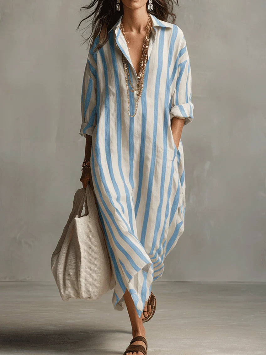 Vestido largo camisero de rayas con cuello en V