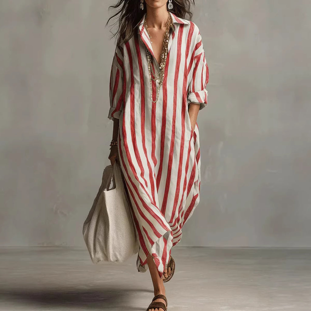 Robe-chemise longue à rayures et col en V