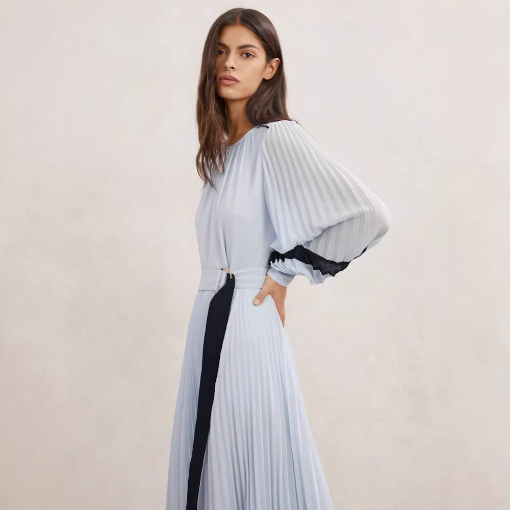 Pleated Dress with Lace Details and Belt