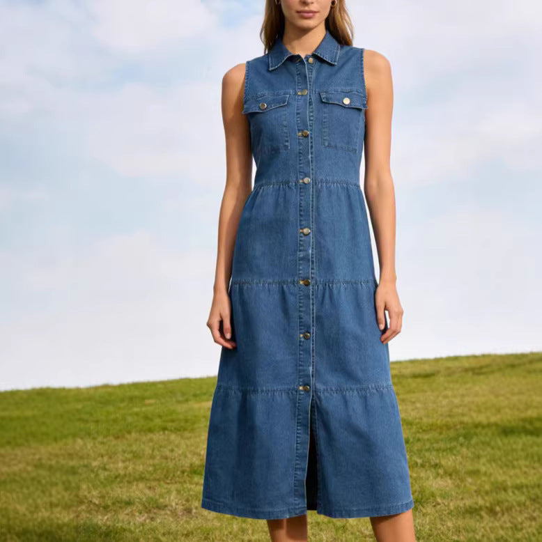 High-Waisted Long Denim Dress