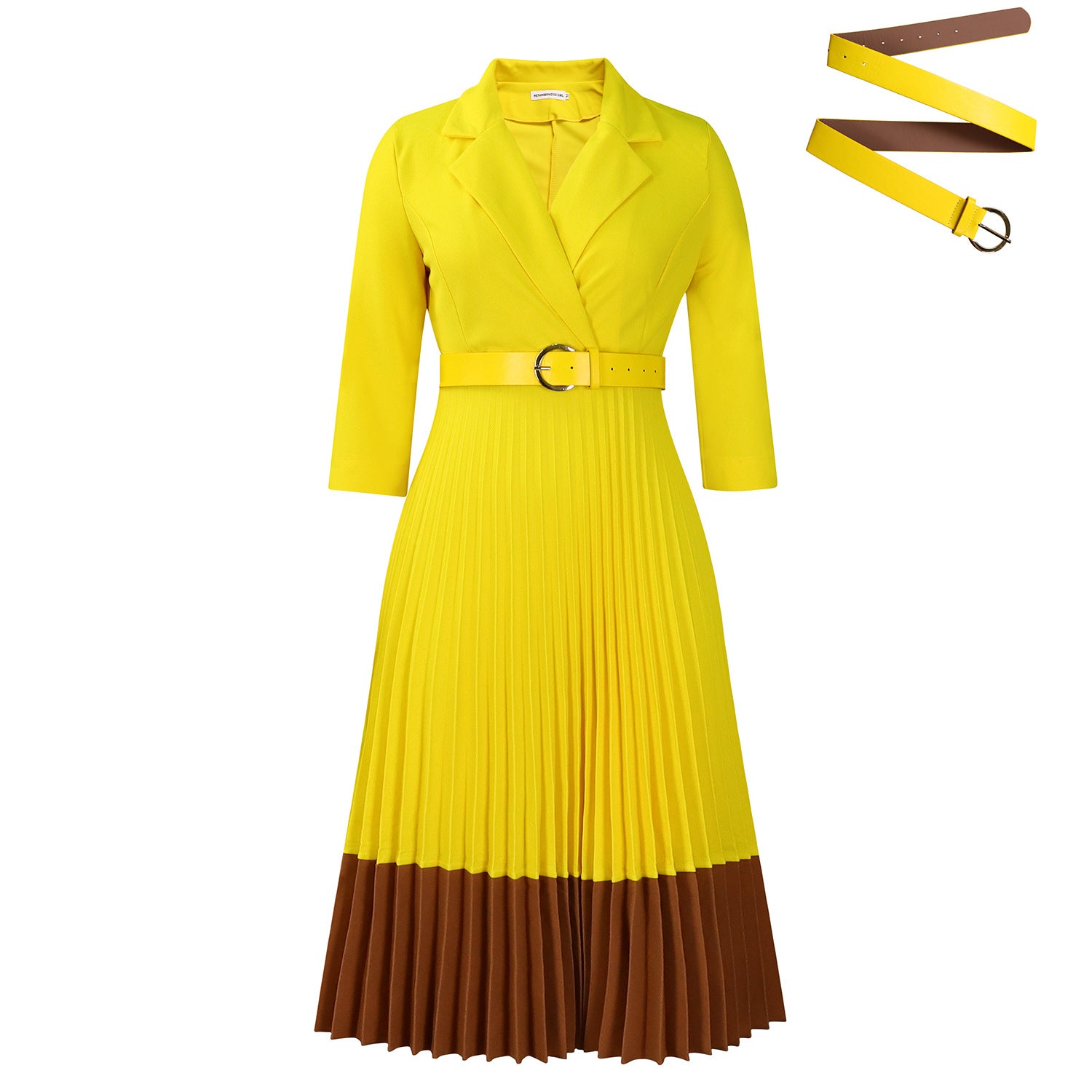 Vestido midi plisado elegante de mujer con cuello y cinturón