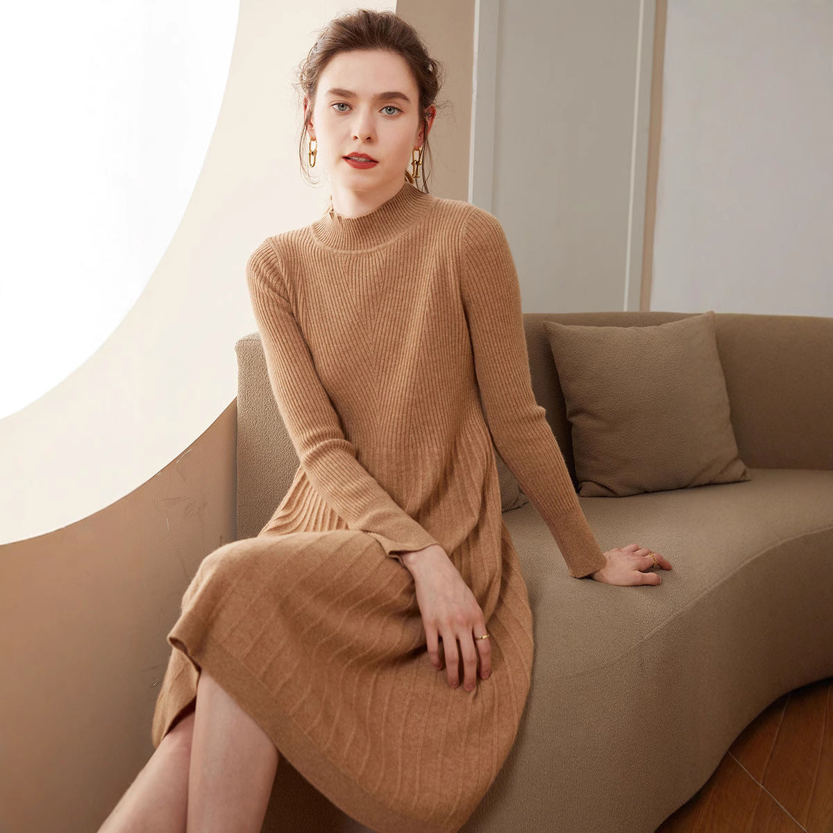 Vestido Sólido de Largo Medio, Elegante y Cómodo