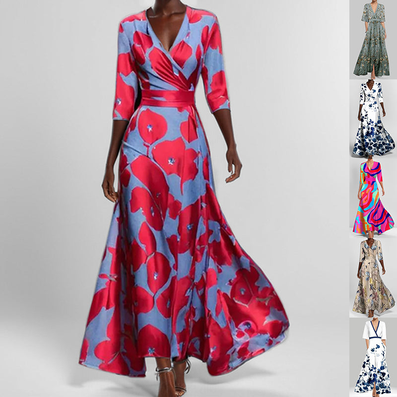 Printed V-Neck Dress with Mid-Length Sleeves