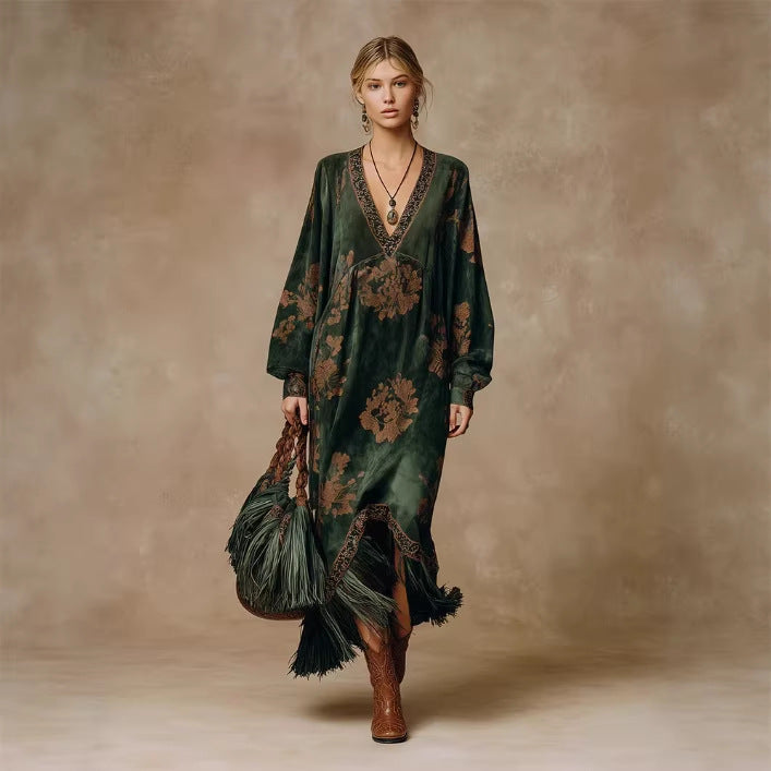 Long Green Dress with Fringe and Puff Sleeves