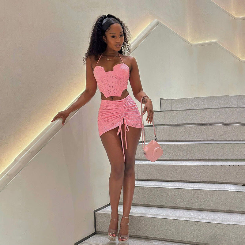 Pink Pleated Skirt Set with High Waist and Adjustable Tie
