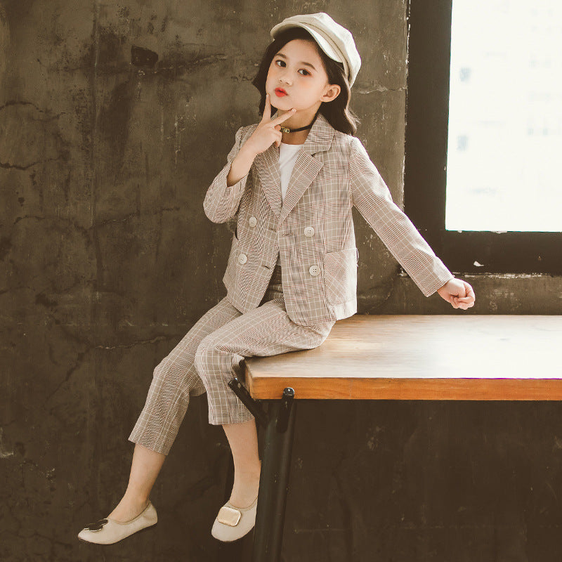 Girls’ Double-Breasted Plaid Suit Set