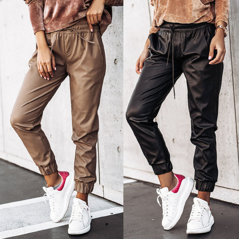 Fitted Faux Leather Pants with Tie Waist
