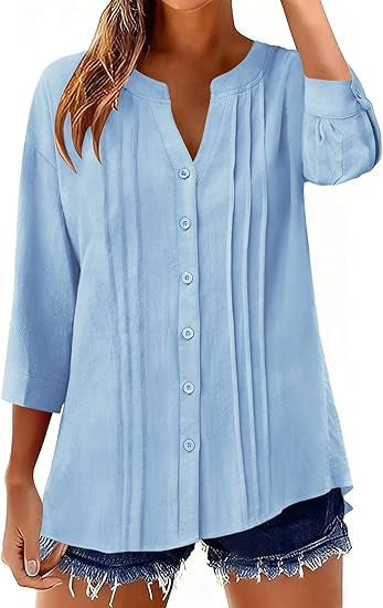 Pleated Cotton-Linen Loose Shirt for Women