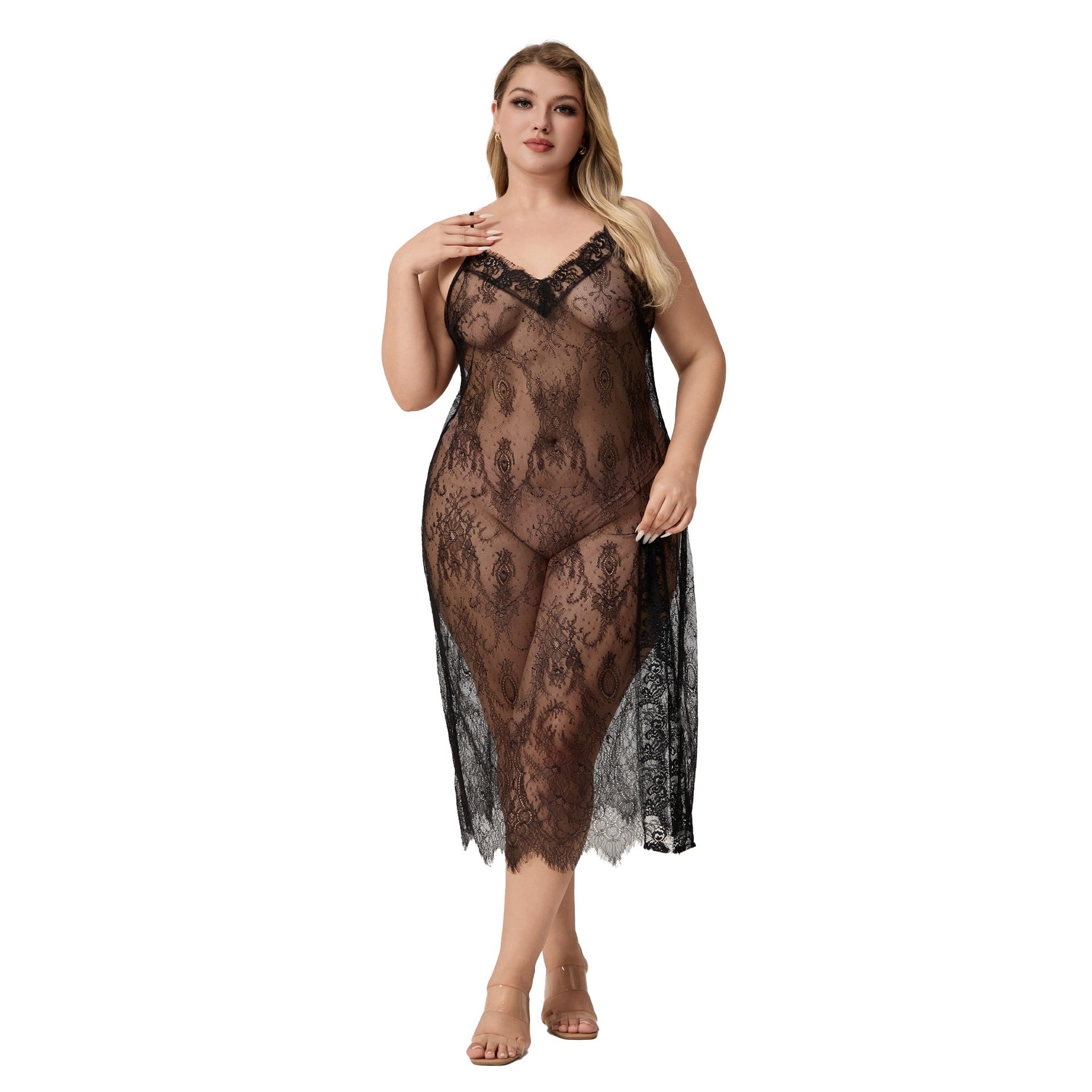 Camisón de satén largo de talla grande con encaje