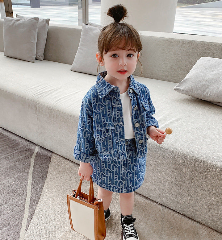 Girls Spring Denim Outfit Button-Up Jacket & Skirt