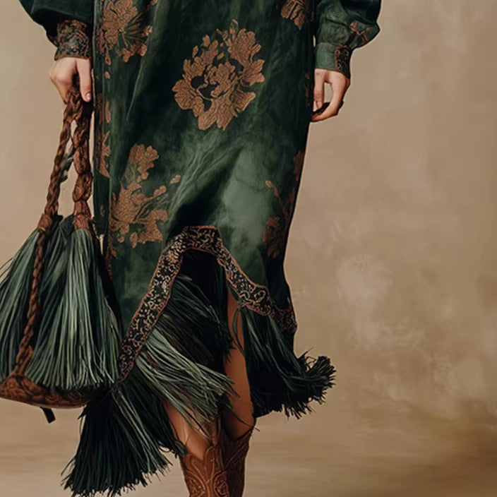 Long Green Dress with Fringe and Puff Sleeves