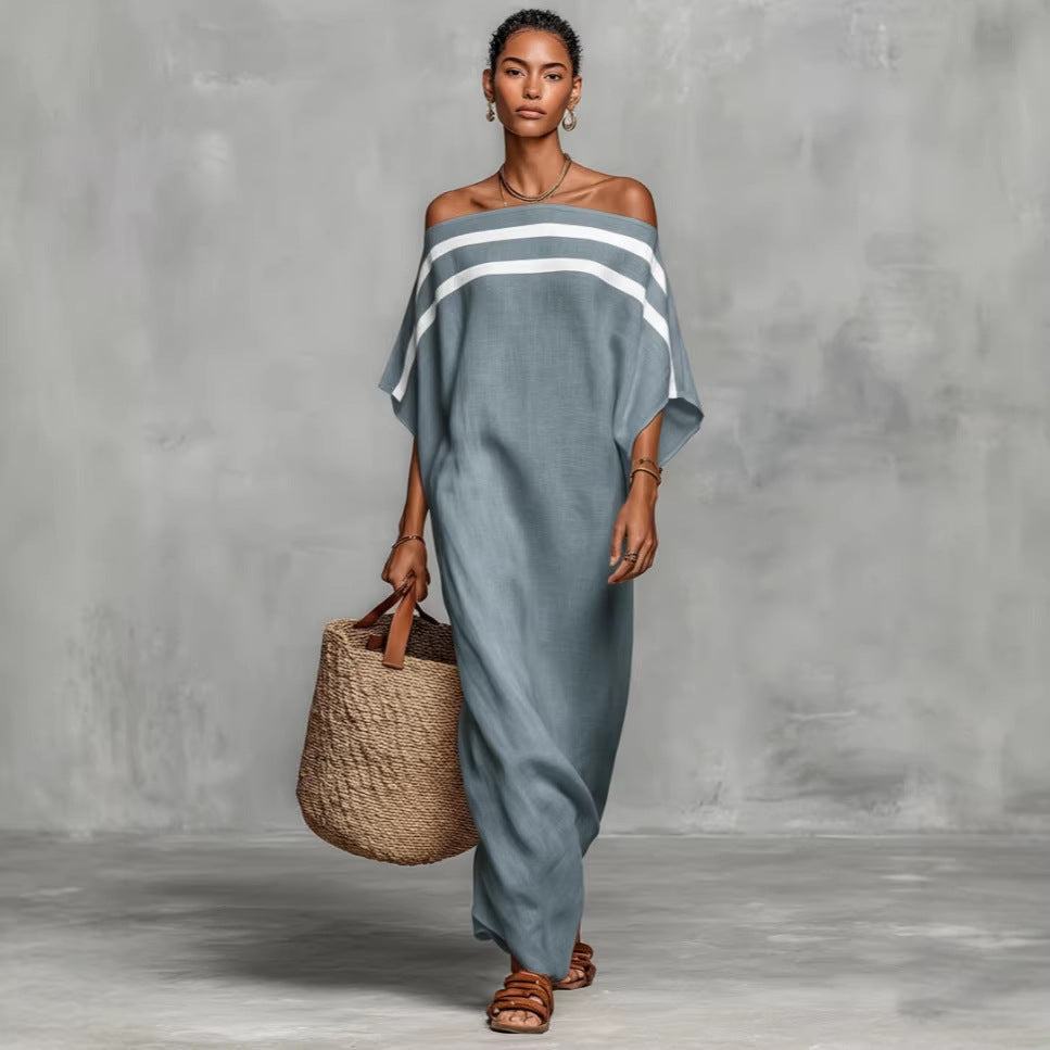 Long Flowing Dress with Mock Neck and Stripes