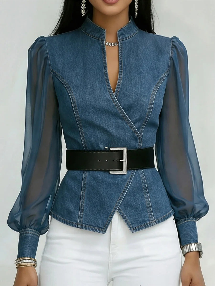 Top de encaje con cuello de pico y manga larga