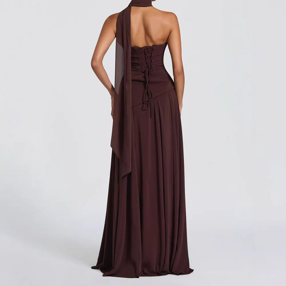 Long Ruched Sleeveless Dress with Open Back