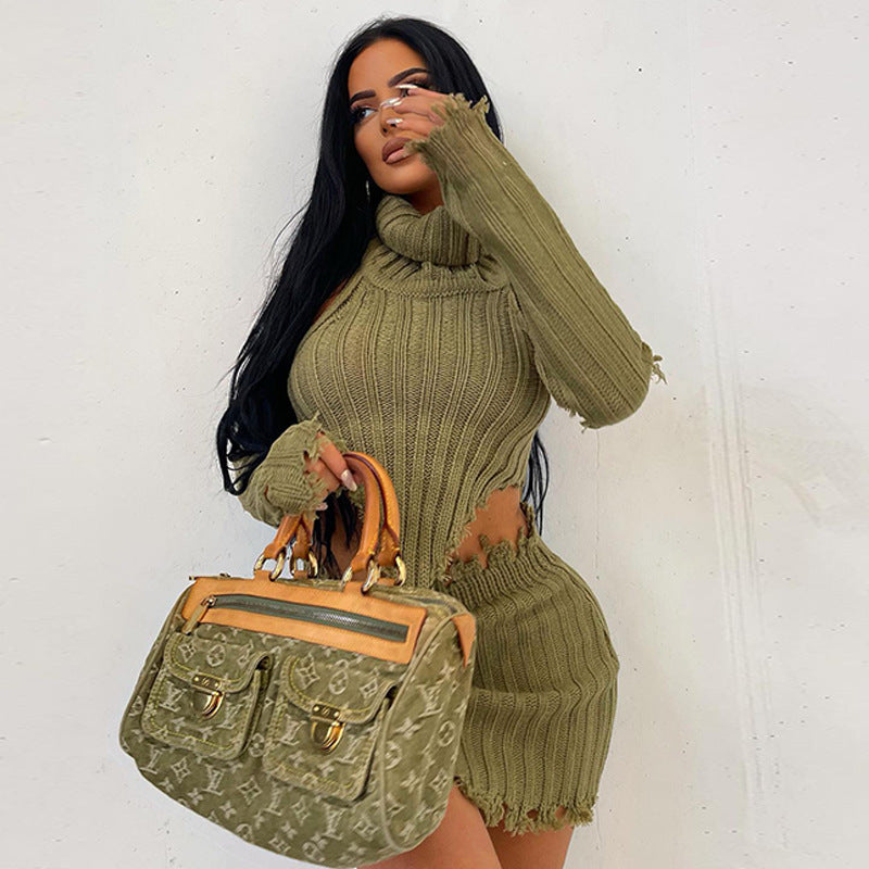 Knit Set with Turtleneck Open Back and Fitted Short Skirt
