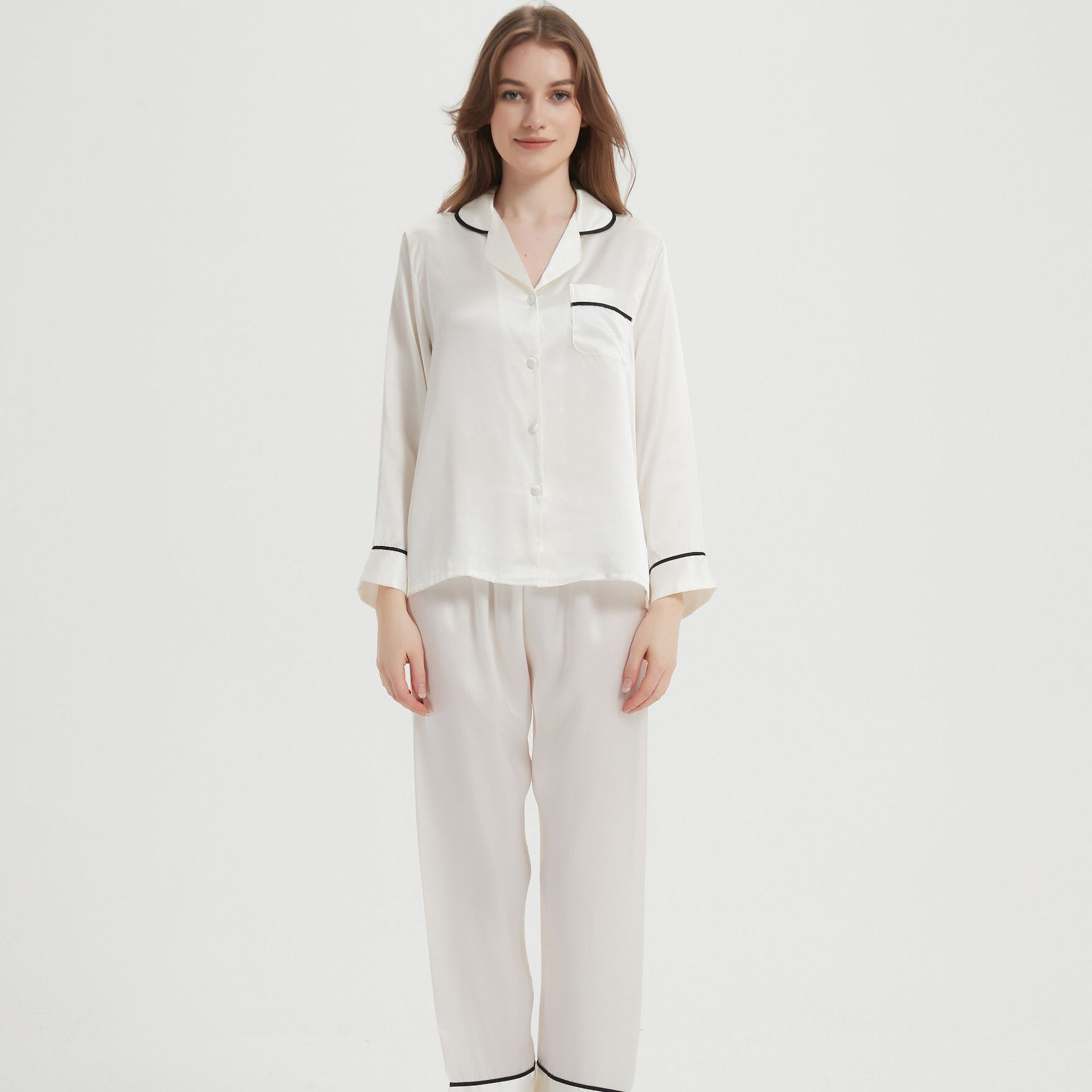 Conjunto de Pijama de Seda de Manga Larga para Mujer