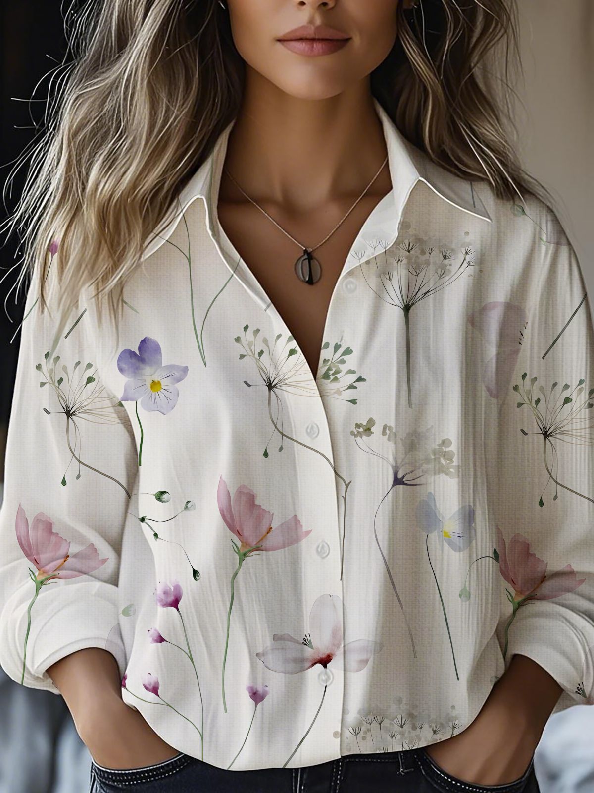 Blusa floral de manga larga en mezcla de lino